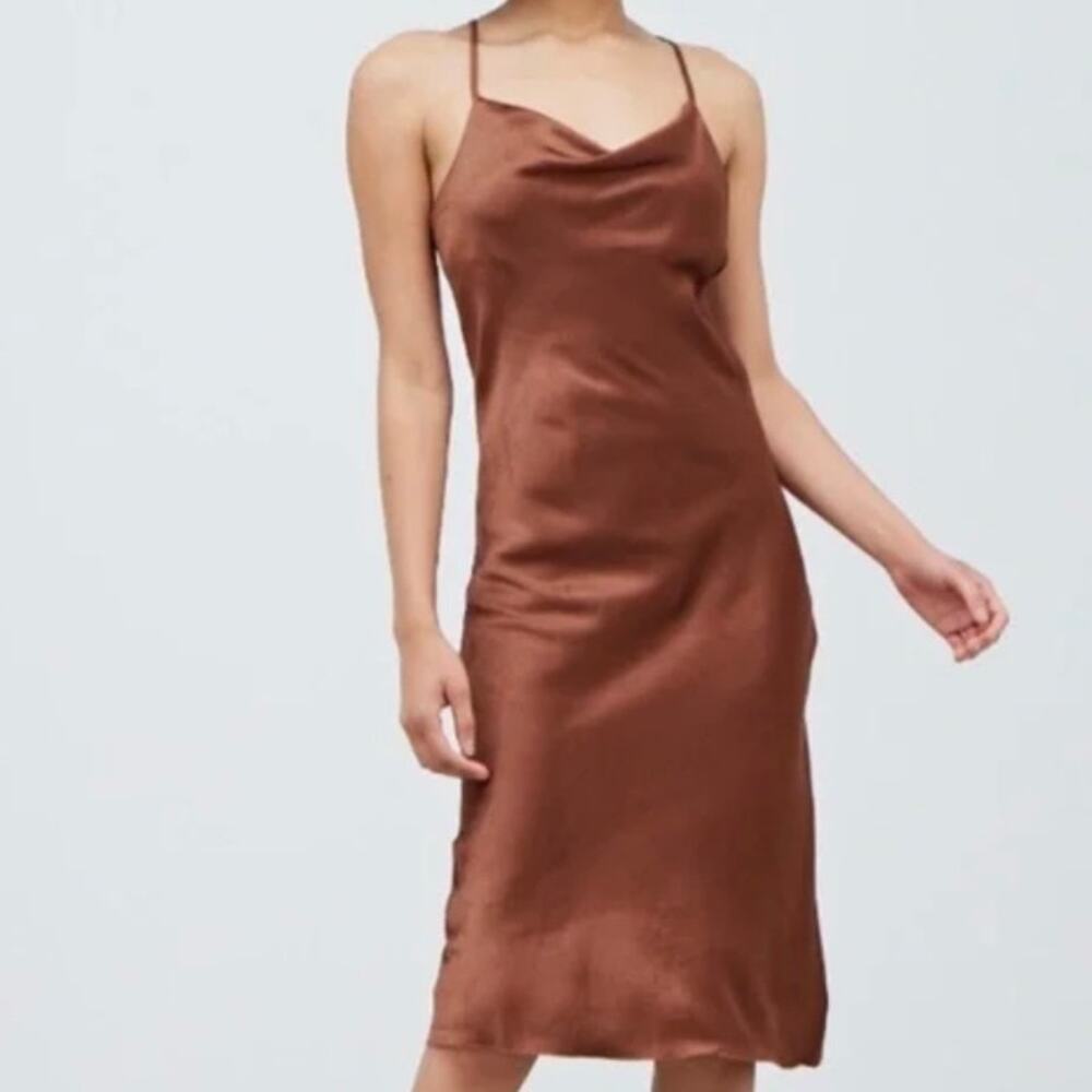MOTEL ROCKS | Slip Dress Spaghetti Straps Satin Cowl Neck Brown | Size Medium